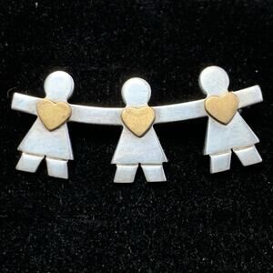 Vintage Naldo 3 Girls With Gold Plated Hearts 925 Sterling Silver Pin Brooch